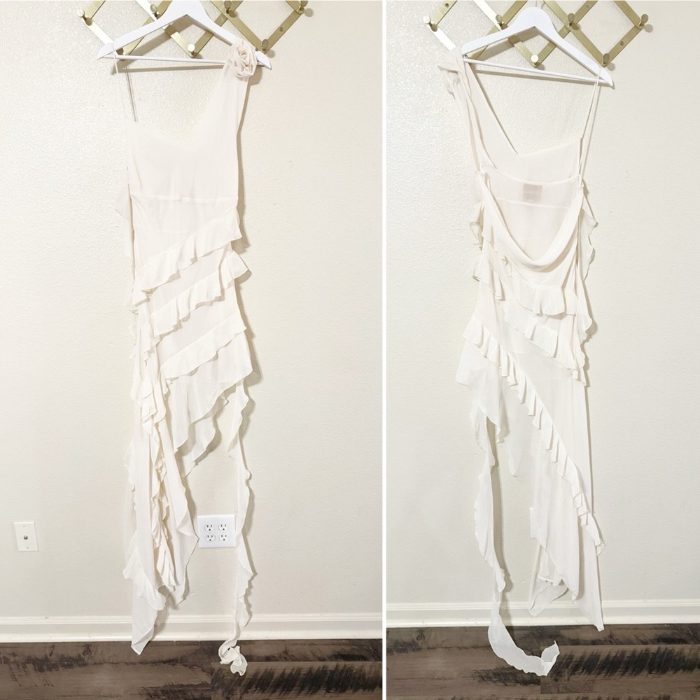 Bubish Willow Asymmetrical High Slit Side Drape Ruffle Rosette Dress in White - Picture 5 of 10
